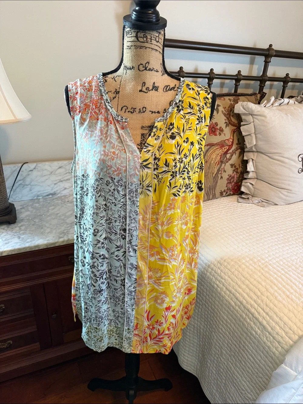 CAbi Split-Panel Floral Sleeveless Top in Yellow and Aqua - Picture 1 of 3